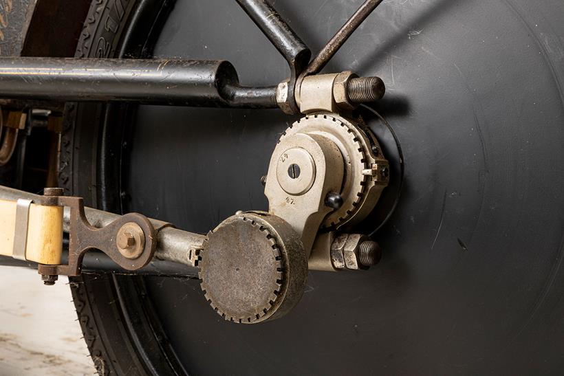The solid back wheel acts as a flywheel on the 1894 Hildebrand and Wolfmüller