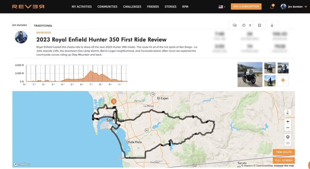 REVER map of the ride undertaken for the 2023 Royal Enfield Hunter 350 review